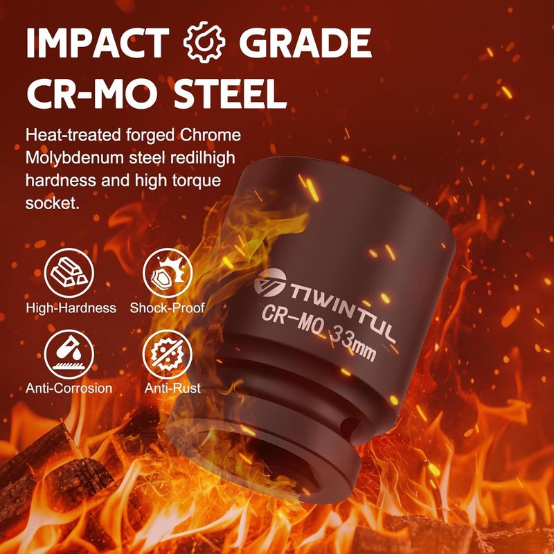TIWINTUL 3/4 Inch Drive Metric Impact Socket 33mm, 6-Point Design, Heat-Treated Chrome Molybdenum Alloy Steel, Spindle Axle Nut Socket for Auto Repair, Easy Removal - Image 5